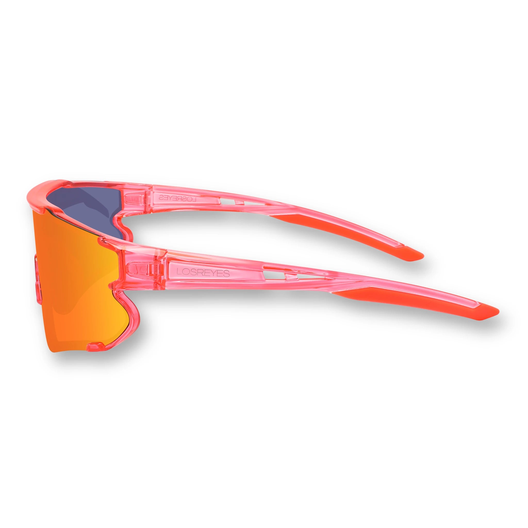 Side view of LosReyes Elevate Collection Peach wraparound sports sunglasses featuring mirrored orange shield lens, ergonomic sport-fit arms, and UV400 protection