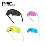 LosReyes Family Fun Pack featuring two adult Prime sports sunglasses in Black and clear, and two youth Prime sunglasses in Pink and Blue, all with mirrored shield lenses, UV400 protection, and wraparound performance fit — perfect for family adventures, training, and outdoor sports.