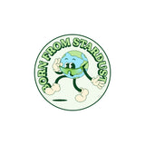 LosReyes Galaxy Earth sticker featuring a cartoon planet Earth character wearing wraparound sunglasses with the phrase “Born from Stardust” — cosmic motivational decal perfect for water bottles, laptops, notebooks, and space-themed collections