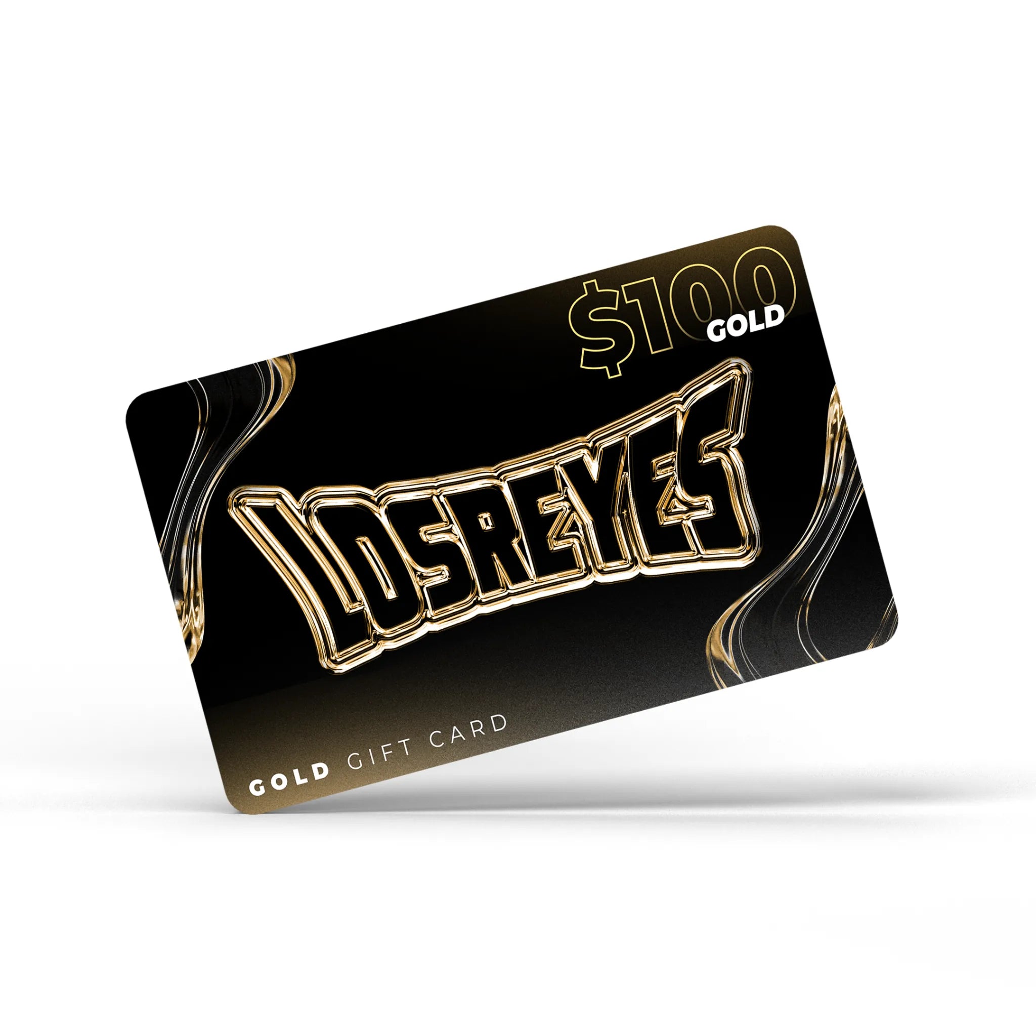 LosReyes Gold $100 digital gift card featuring metallic gold logo on a black background, perfect for redeeming premium sunglasses and accessories online.