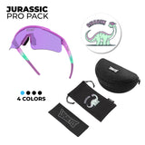 Jurassic Pro Pack by LosReyes, includes purple-green sporty sunglasses and dino-themed pouch with “Go Big or Go Home” design—perfect for young athletes.