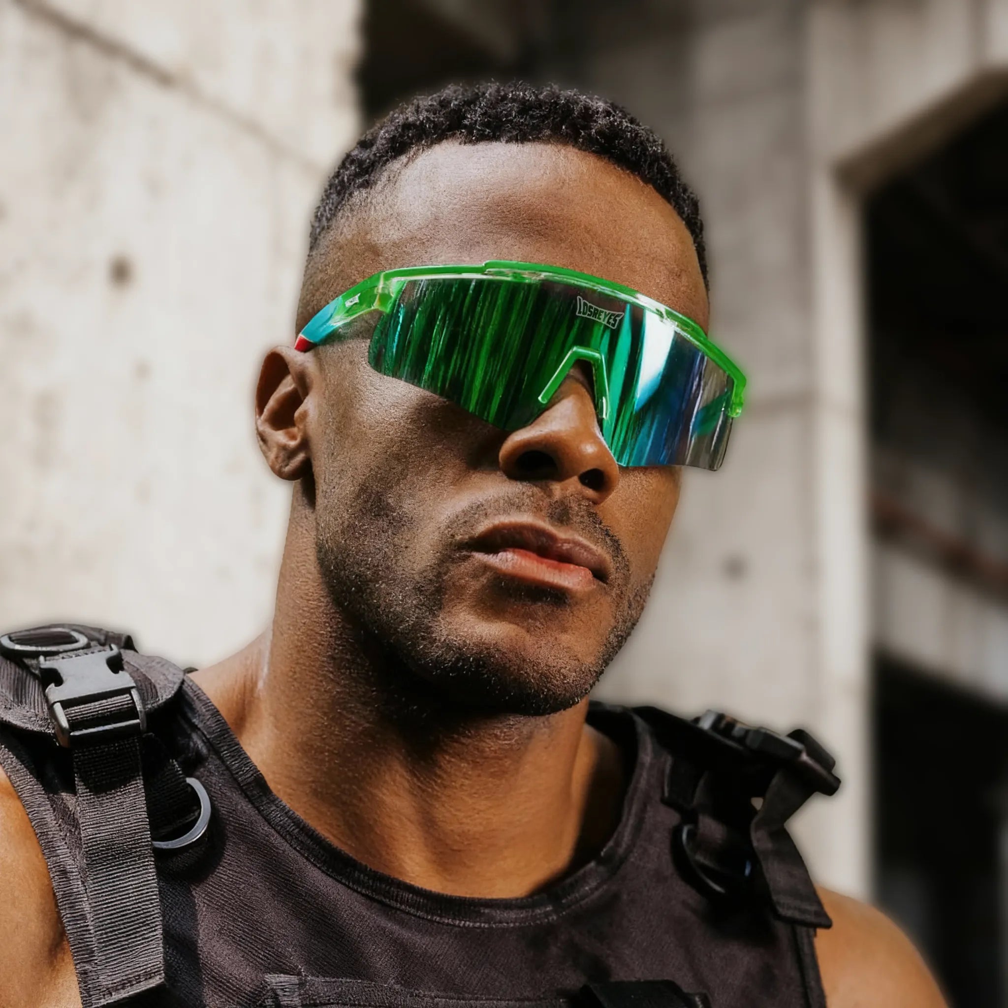 LosReyes Jurassic Pterodactyl green polarized mirrored sport sunglasses — bold reflective eyewear built for outdoor training, gym sessions, and all-day wear.