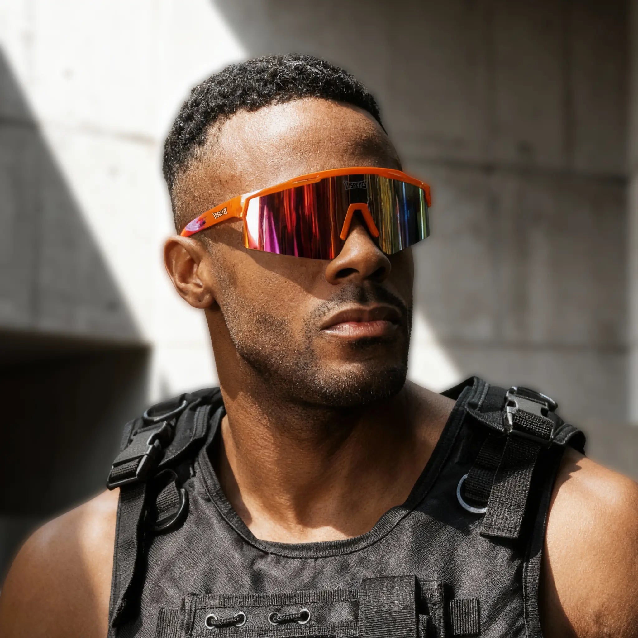 LosReyes jurassic Triceratops orange mirrored sport polarized sunglasses — statement performance eyewear for outdoor training and lifestyle under $50.