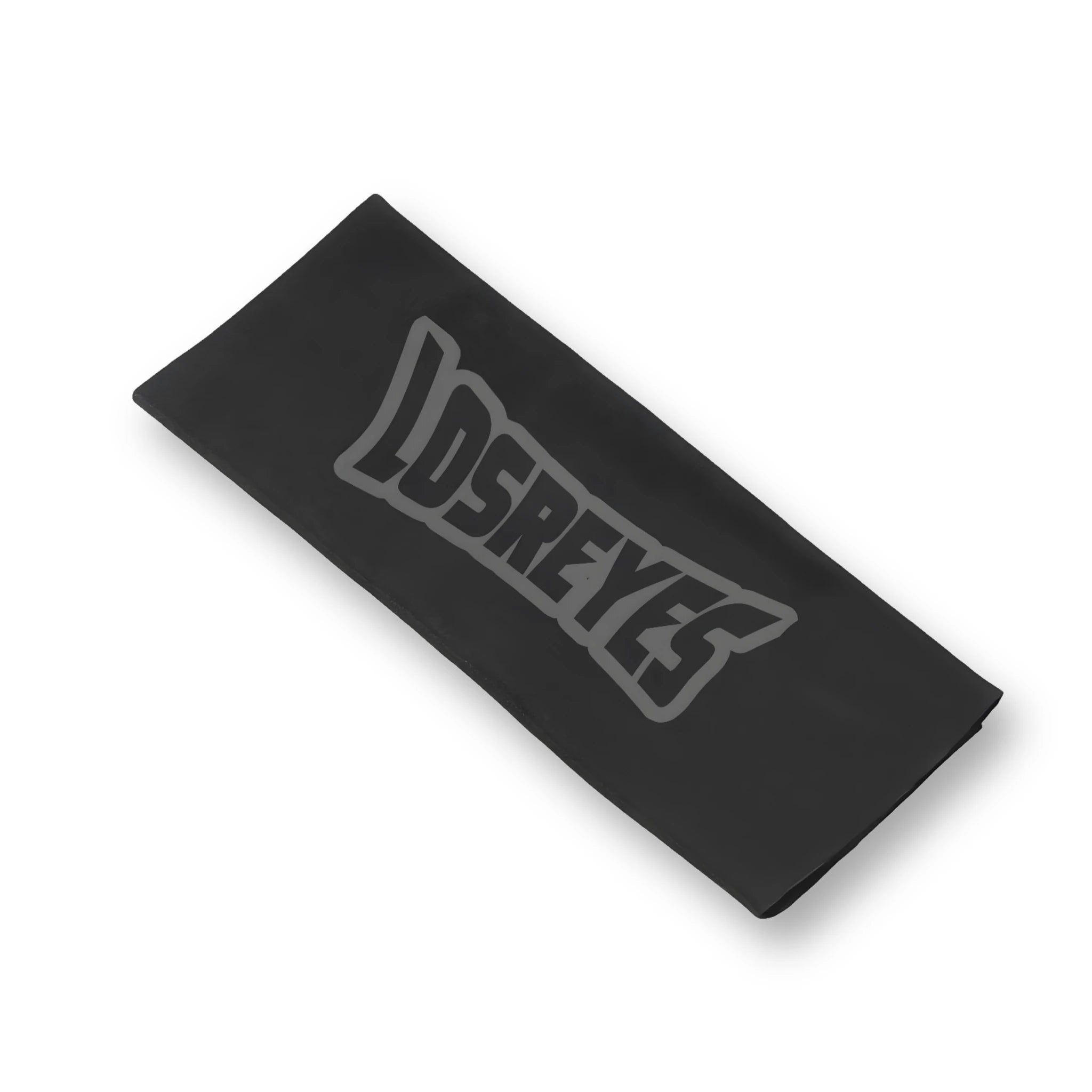 Flat lay of LosReyes black microfiber lens cleaning cloth featuring embossed crown-and-shield logo, perfect for polishing mirrored wraparound sunglasses, sports eyewear, polarized lenses, and performance optics.