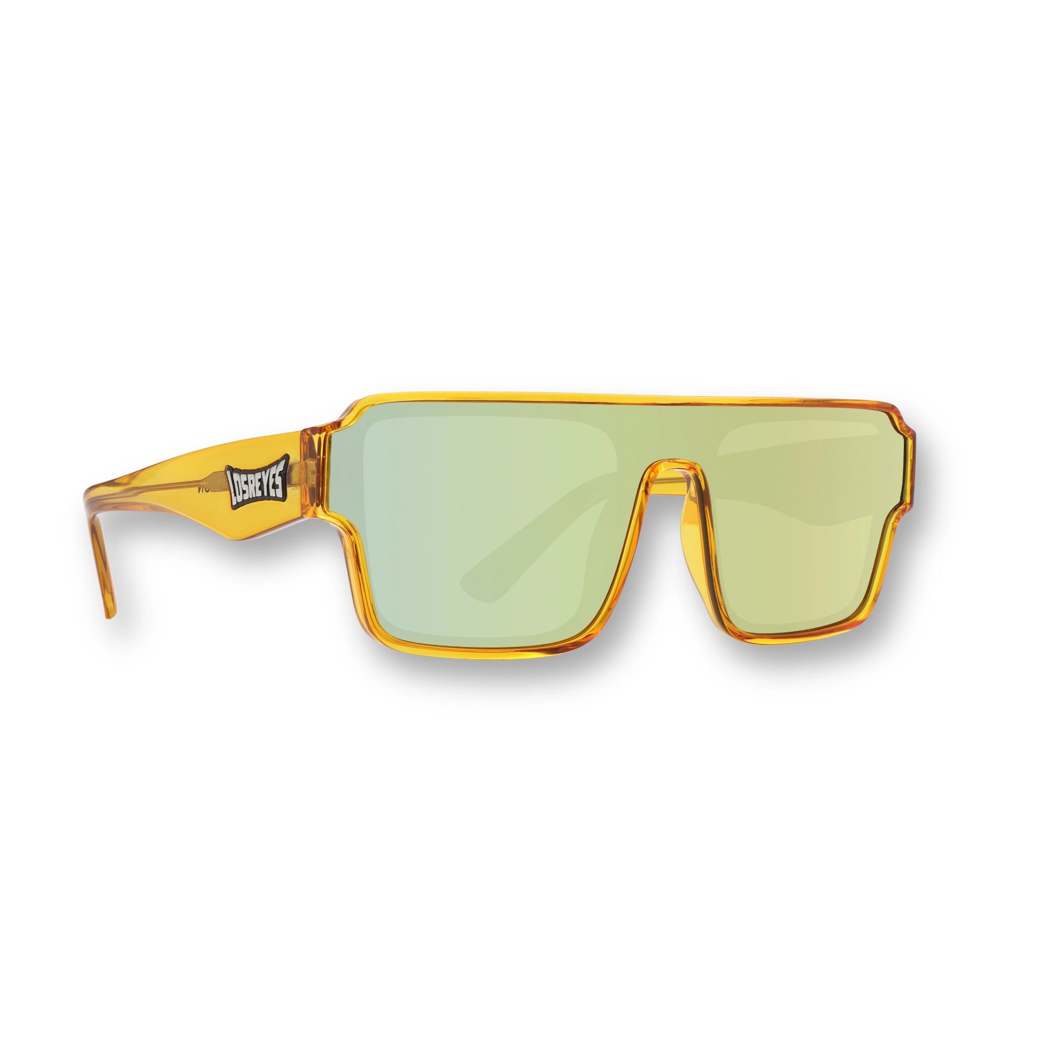 Front view of LosReyes Omega Apollon gold frame sunglasses featuring yellow mirrored shield lenses, UV400 sun protection, athletic wraparound design, and bold performance eyewear style for high-visibility sports and streetwear