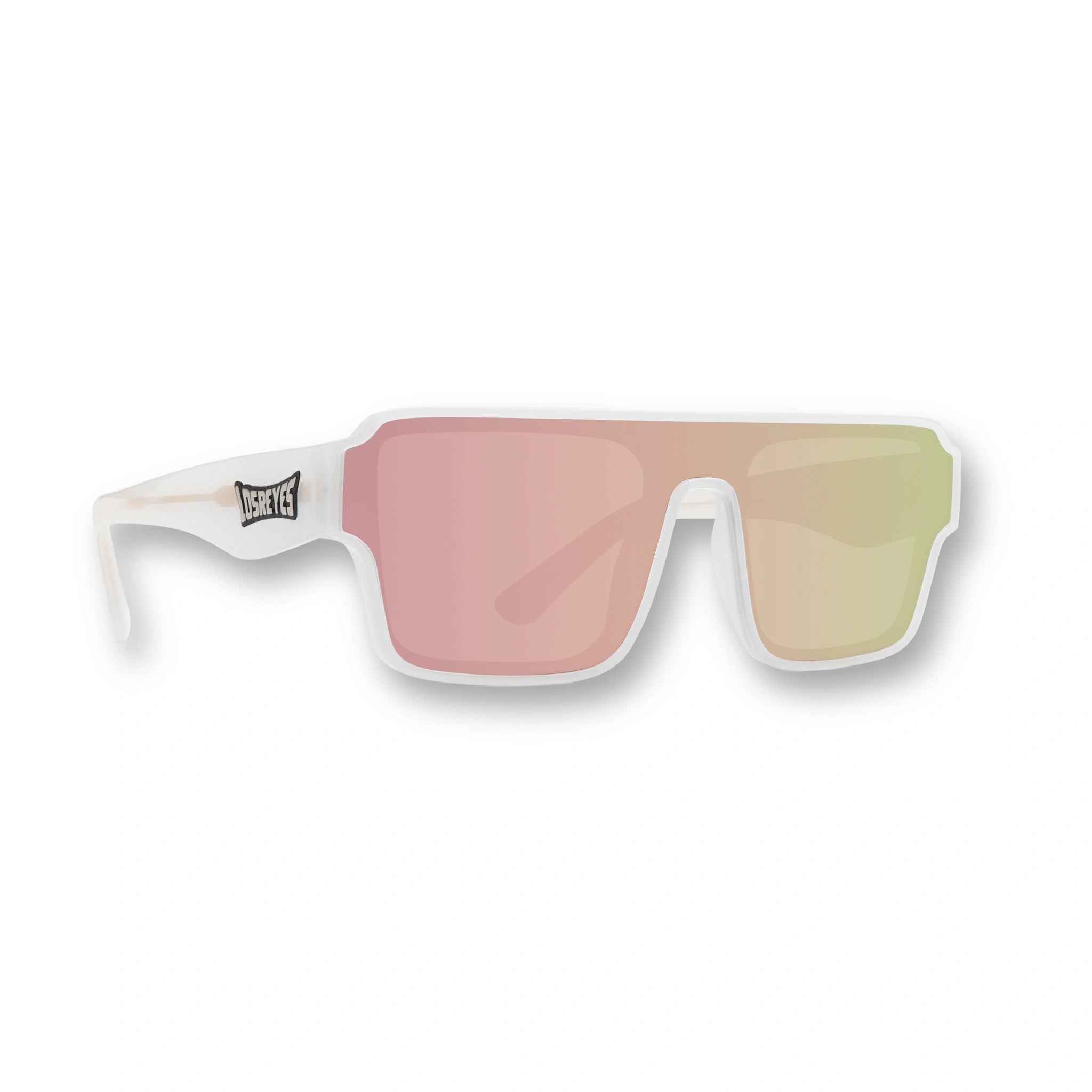 Front angle of LosReyes Omega Athena sunglasses featuring pink-gold mirrored performance lenses, UV400 shield protection, and a clean white frame designed for elite athletic style and high-impact fashion
