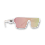 Front angle of LosReyes Omega Athena sunglasses featuring pink-gold mirrored performance lenses, UV400 shield protection, and a clean white frame designed for elite athletic style and high-impact fashion