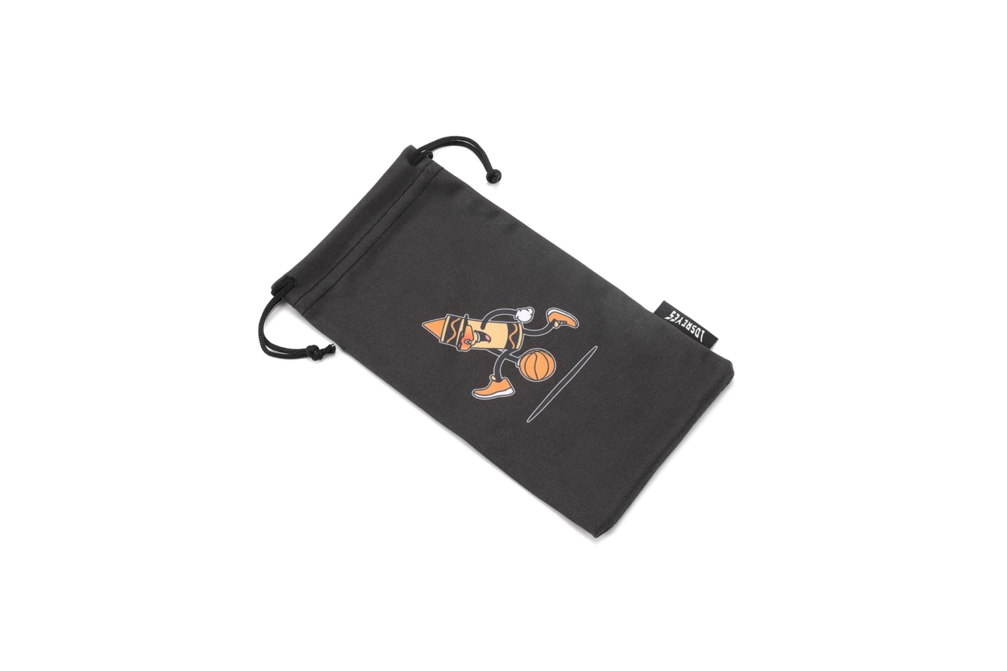 Orange crayon character dribbling a basketball on LosReyes drawstring pouch – bold sports microfiber eyewear bag