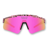Front view of LosReyes Prime Cheetah Pink sports sunglasses featuring pink mirrored shield lenses, animal-print wraparound frame, and UV400 protection for high-performance athletic wear.