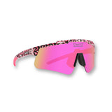 Hero angle of LosReyes Prime Cheetah Pink sports sunglasses featuring a bold pink leopard-print frame, mirrored pink shield lens, aerodynamic wraparound design, and UV400 protection built for high-performance athletics and standout street style