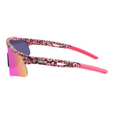 Side view of LosReyes Prime Cheetah Pink athletic sunglasses showcasing pink leopard-print frame, sport grip arms, and mirrored UV400 shield lenses for elite-level sun protection.