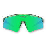 Front view of LosReyes Prime Galaxy Earth green-blue sports sunglasses featuring mirrored wraparound shield lenses, semi-transparent green frame, and UV400 protection for outdoor athletic performance.