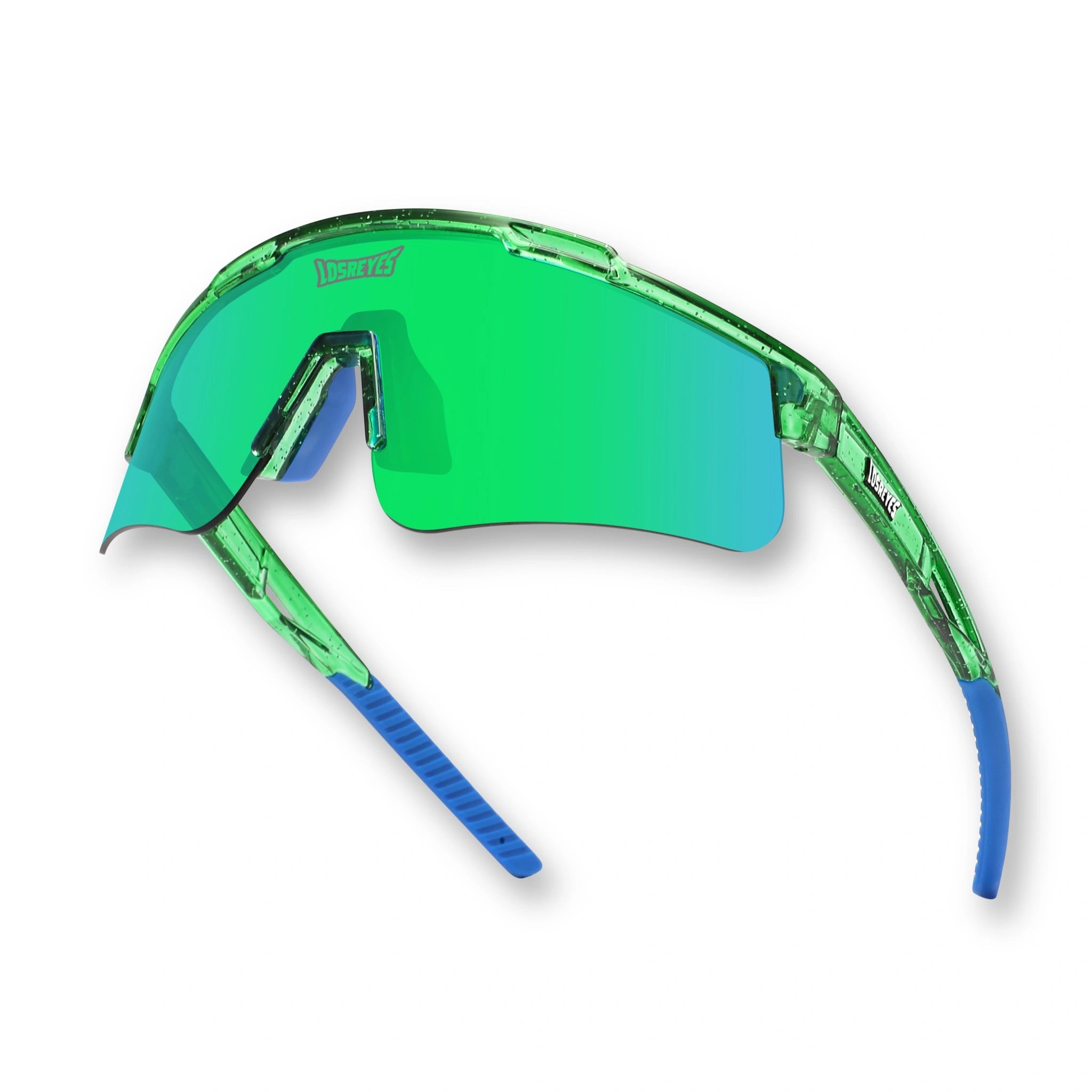Hero angle of LosReyes Prime Galaxy Earth green-blue sports sunglasses with curved mirrored shield lens, sleek green frame, and flexible blue temple grips designed for dynamic training and all-day eye protection.
