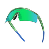 Hero angle of LosReyes Prime Galaxy Earth green-blue sports sunglasses with curved mirrored shield lens, sleek green frame, and flexible blue temple grips designed for dynamic training and all-day eye protection.