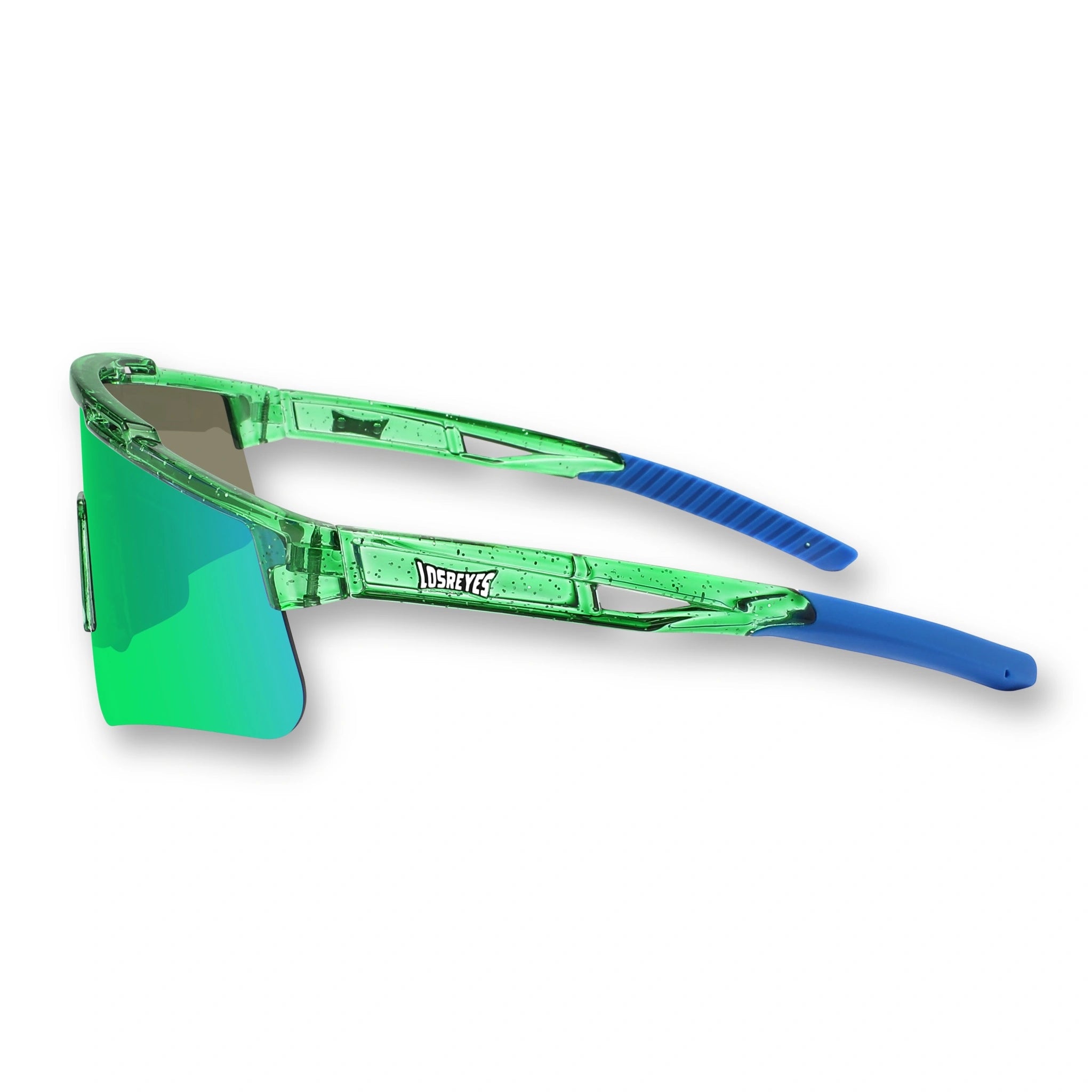 Side profile of LosReyes Prime Galaxy Earth performance sunglasses in green and blue with hydrophobic mirrored lens and ergonomic sidearms for a secure, comfortable fit during high-intensity activity.