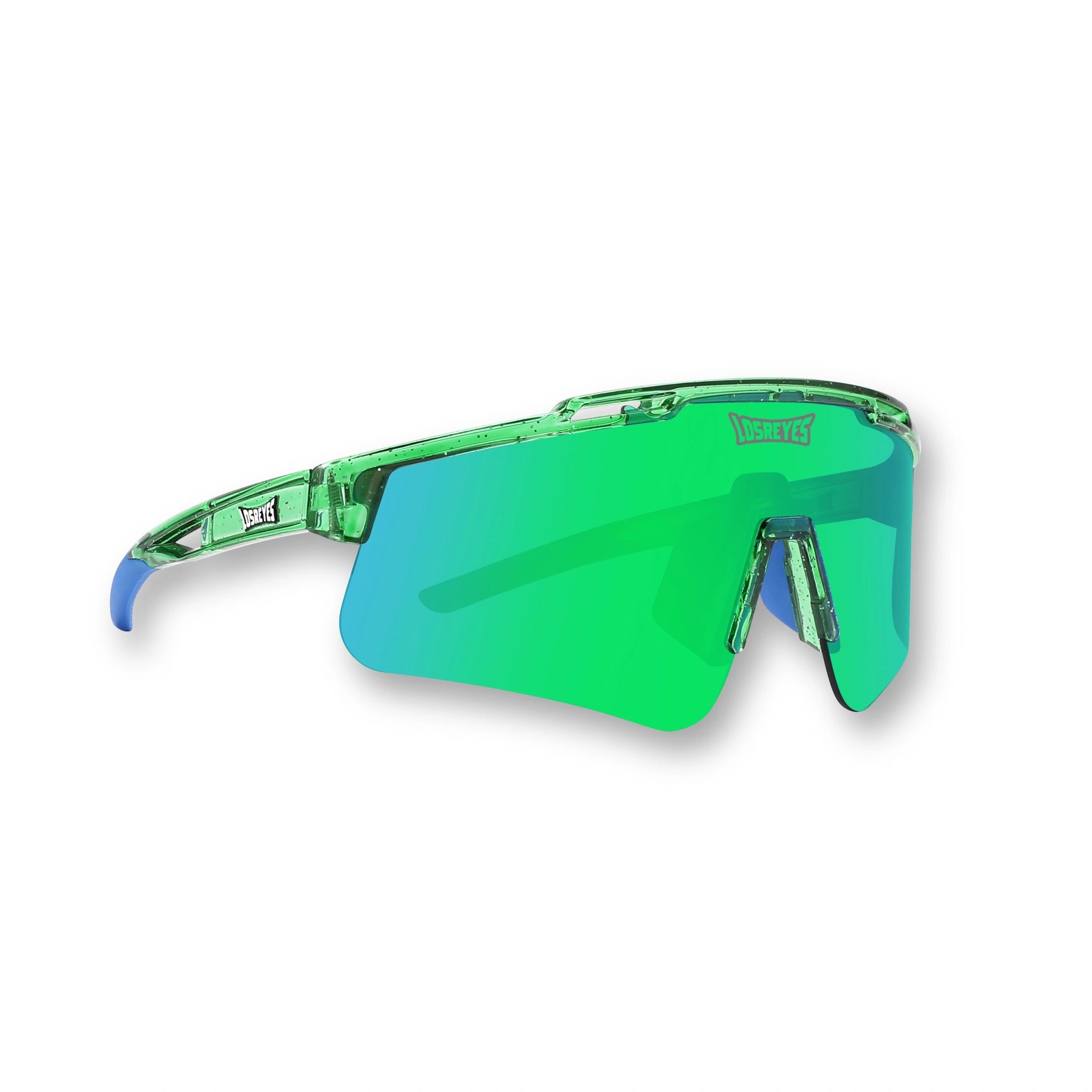 Hero angle of LosReyes Prime Galaxy Earth athletic sunglasses featuring a green-blue mirrored shield lens, transparent green frame, blue temple tips, and UV400 wraparound protection for running, cycling, and outdoor sports