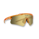 Hero angle of LosReyes Prime Galaxy Jupiter sports sunglasses with golden mirrored wraparound lens, translucent orange performance frame, and UV400 sun protection—ideal for baseball, cycling, and outdoor athletic training