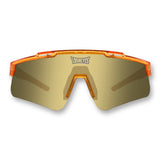 Front view of LosReyes Prime Galaxy Jupiter orange sports sunglasses featuring gold mirrored shield lenses, semi-translucent wraparound frame, and UV400 protection for training, cycling, and baseball performance.