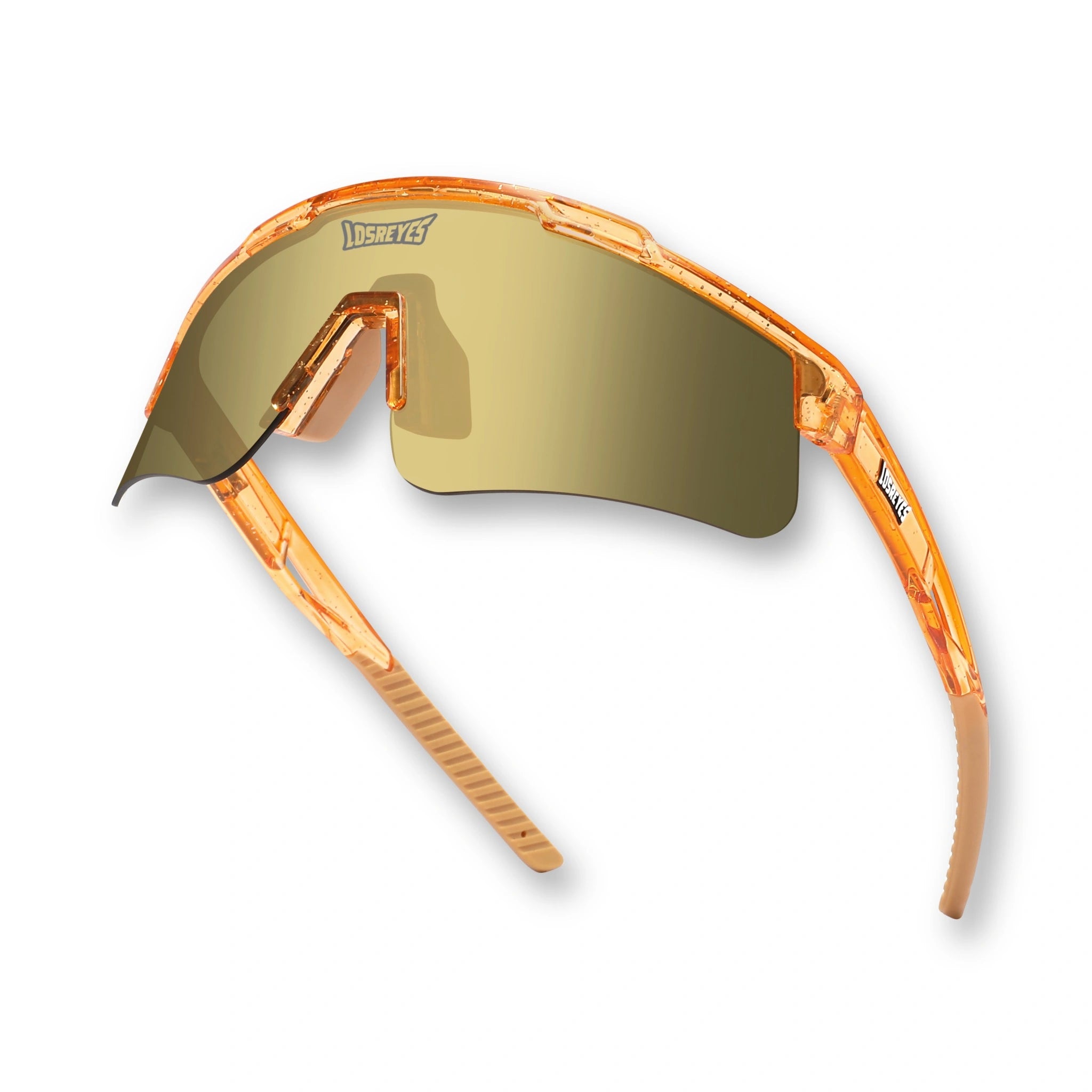 Hero angle of LosReyes Prime Galaxy Jupiter sports sunglasses in orange with gold mirrored shield lenses, high-performance wraparound design, and UV400 sun protection — ideal for outdoor sports and athletics.