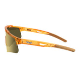 Side profile of LosReyes Prime Galaxy Jupiter orange sunglasses with high-contrast gold lenses, aerodynamic wraparound frame, and secure-fit arms for athletes in motion.