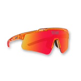 Hero view of LosReyes Prime Galaxy Mars sports sunglasses with fire-red mirrored wraparound lens, translucent orange frame, and UV400 protection—engineered for high-performance sports like baseball, track, and cycling