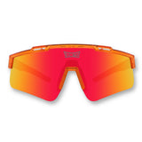 Front view of LosReyes Prime Galaxy Mars sports sunglasses featuring red mirrored shield lenses, wraparound frame, and UV400 protection for baseball, cycling, and high-performance training.