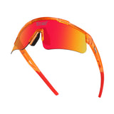 Hero angle of LosReyes Prime Galaxy Mars sunglasses with vibrant red-orange wraparound lens, aerodynamic shield design, and UV400 protection for athletic and outdoor sports.