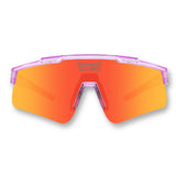 Front view of LosReyes Prime Galaxy Mercury sunglasses featuring a bold orange mirrored shield lens, translucent purple performance frame, and UV400 wraparound protection for sports and active wear.