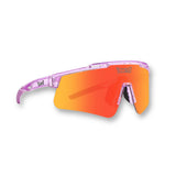 Hero view of LosReyes Prime Galaxy Mercury purple sports sunglasses featuring an orange-red mirrored lens, translucent frame, and UV400 wraparound shield ideal for baseball, training, and outdoor performance