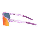 Side profile of LosReyes Prime Galaxy Mercury athletic sunglasses with transparent purple temples, rubber grip tips, and mirrored orange wrap lens designed for optimal fit and motion stability.