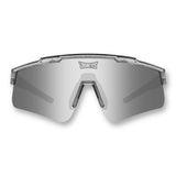 Front view of LosReyes Prime Galaxy Moon sunglasses with silver mirrored shield lens, rimless performance silhouette, and transparent wraparound frame engineered for elite sports.