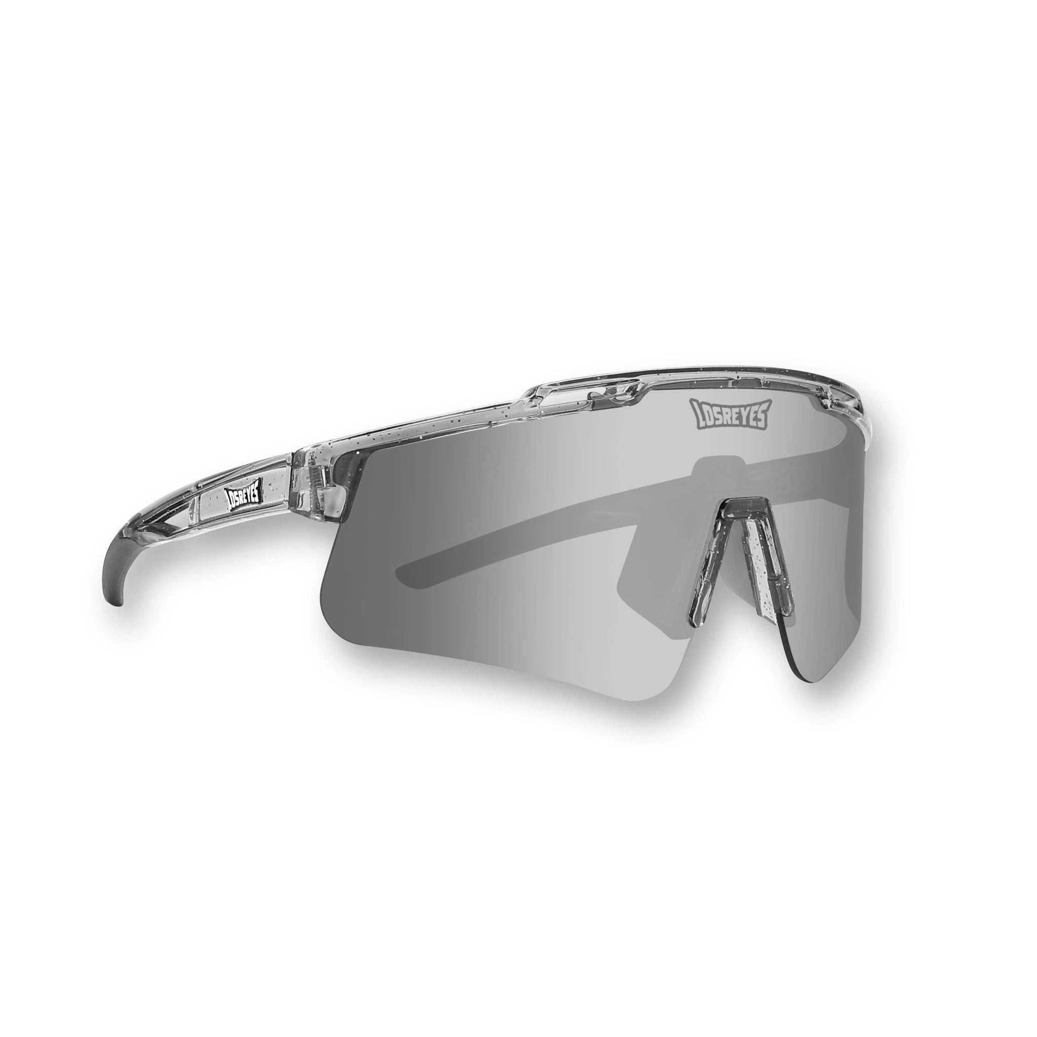 Hero angle of LosReyes Prime Galaxy Moon performance sunglasses with silver mirrored shield lens, transparent clear frame, and UV400 wraparound protection for baseball, cycling, and high-intensity sports