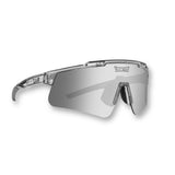 Hero angle of LosReyes Prime Galaxy Moon performance sunglasses with silver mirrored shield lens, transparent clear frame, and UV400 wraparound protection for baseball, cycling, and high-intensity sports
