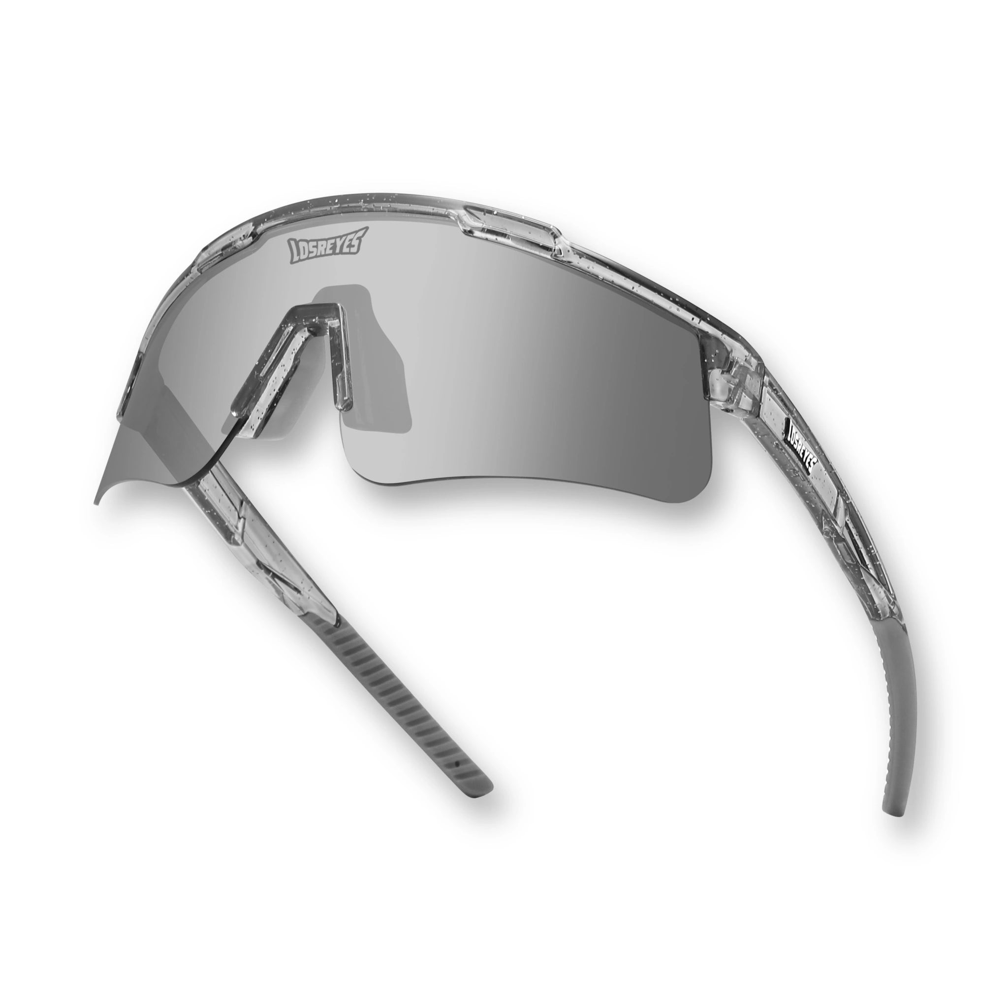 Hero angle of LosReyes Prime Galaxy Moon sports sunglasses highlighting UV400 mirrored lens, clear futuristic frame, and lightweight aerodynamic build made for baseball, training, and outdoor speed.