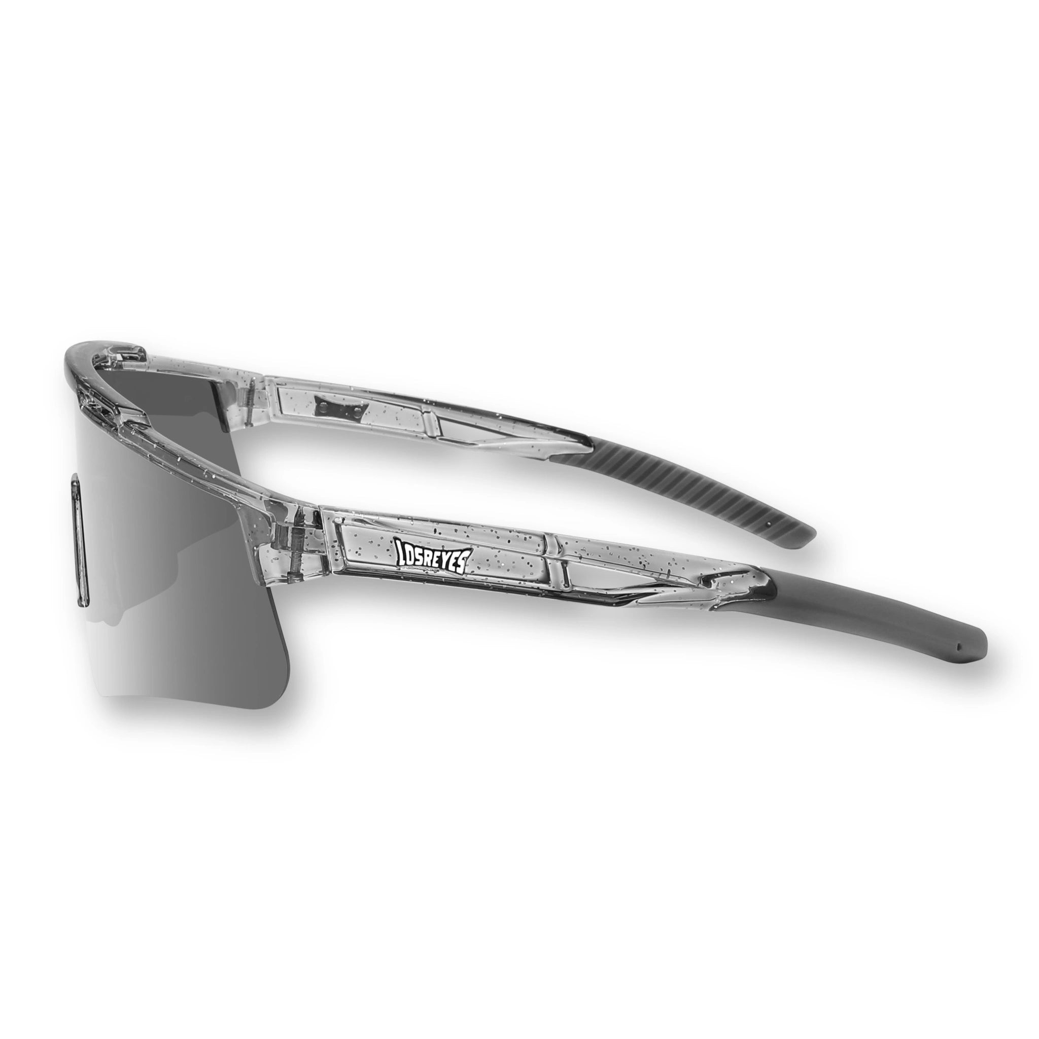 Side view of LosReyes Prime Galaxy Moon sunglasses showcasing see-through temples, full-coverage curved lens, and high-performance comfort for athletes and active wearers.