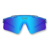 Front view of LosReyes Prime Galaxy Neptune blue sports sunglasses featuring mirrored wraparound shield lenses, translucent frame, and UV400 protection