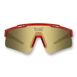 Front view of LosReyes Prime Galaxy Pluto red sports sunglasses featuring gold mirrored shield lens, transparent red wraparound frame, and UV400 protection for athletic performance.