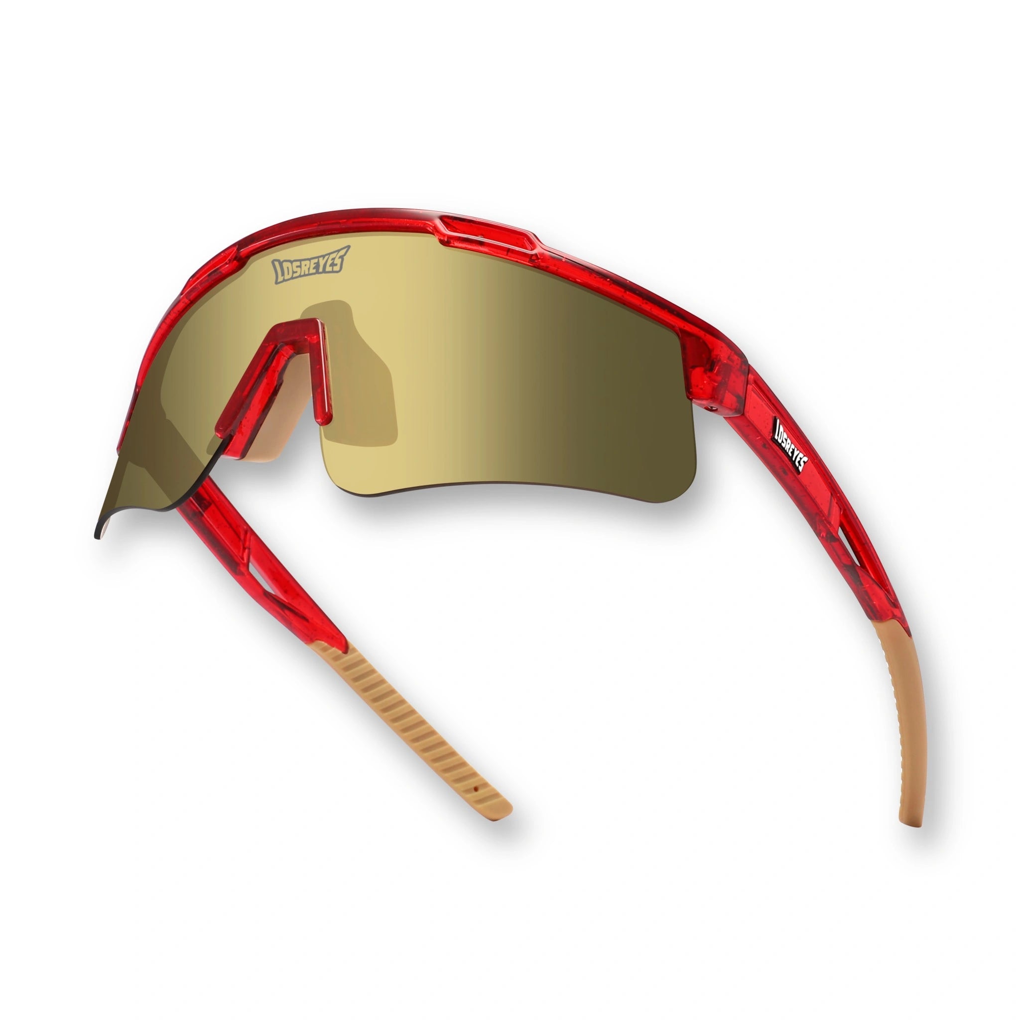 Hero angle of LosReyes Prime Galaxy Pluto mirrored performance sunglasses with red wraparound frame and gold shield lens ideal for high-speed outdoor sports.