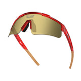 Hero angle of LosReyes Prime Galaxy Pluto mirrored performance sunglasses with red wraparound frame and gold shield lens ideal for high-speed outdoor sports.