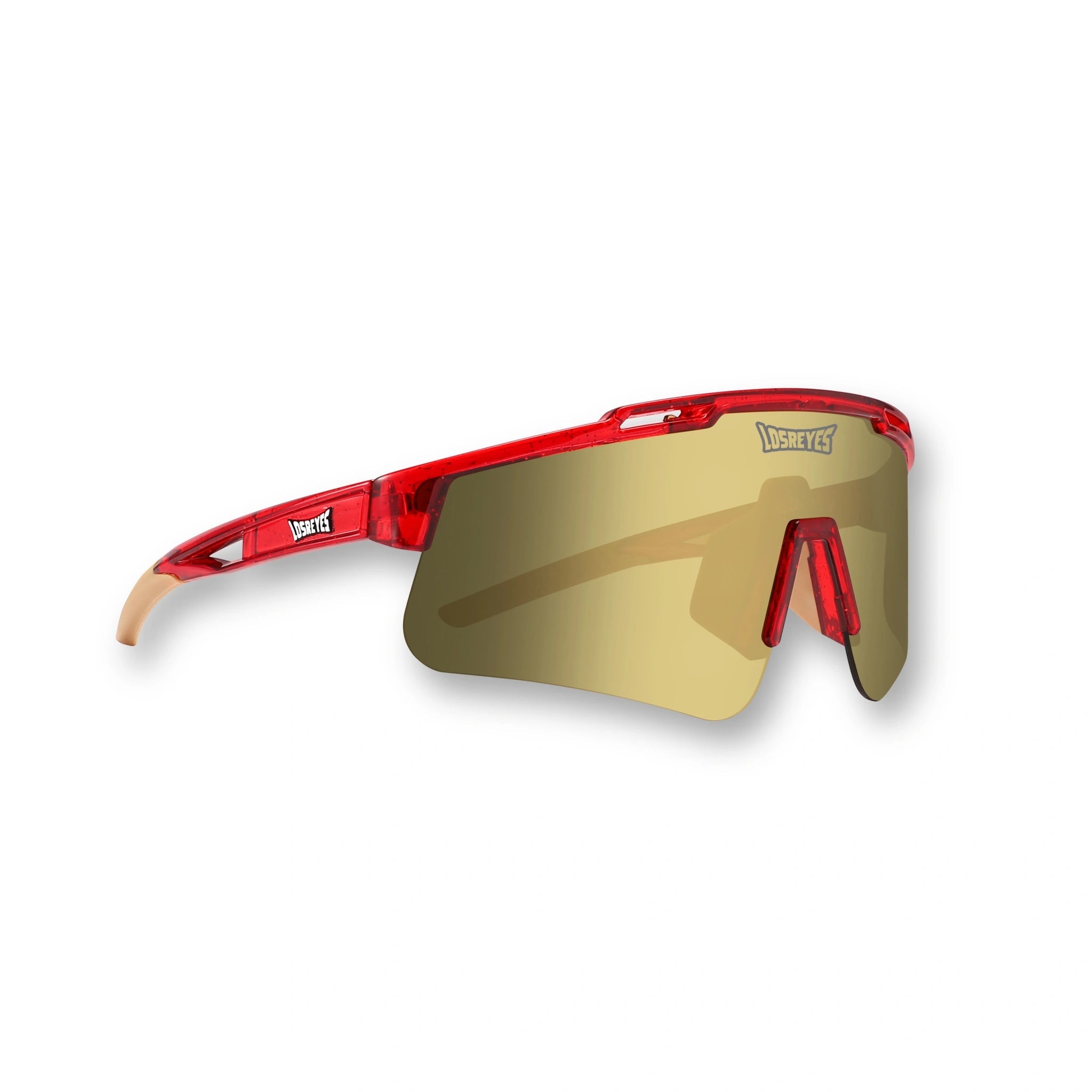 Hero angle of LosReyes Prime Galaxy Pluto red sports sunglasses with a gold mirrored shield lens, translucent red frame, and UV400 protection ideal for baseball, training, and athletic performance