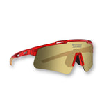 Hero angle of LosReyes Prime Galaxy Pluto red sports sunglasses with a gold mirrored shield lens, translucent red frame, and UV400 protection ideal for baseball, training, and athletic performance