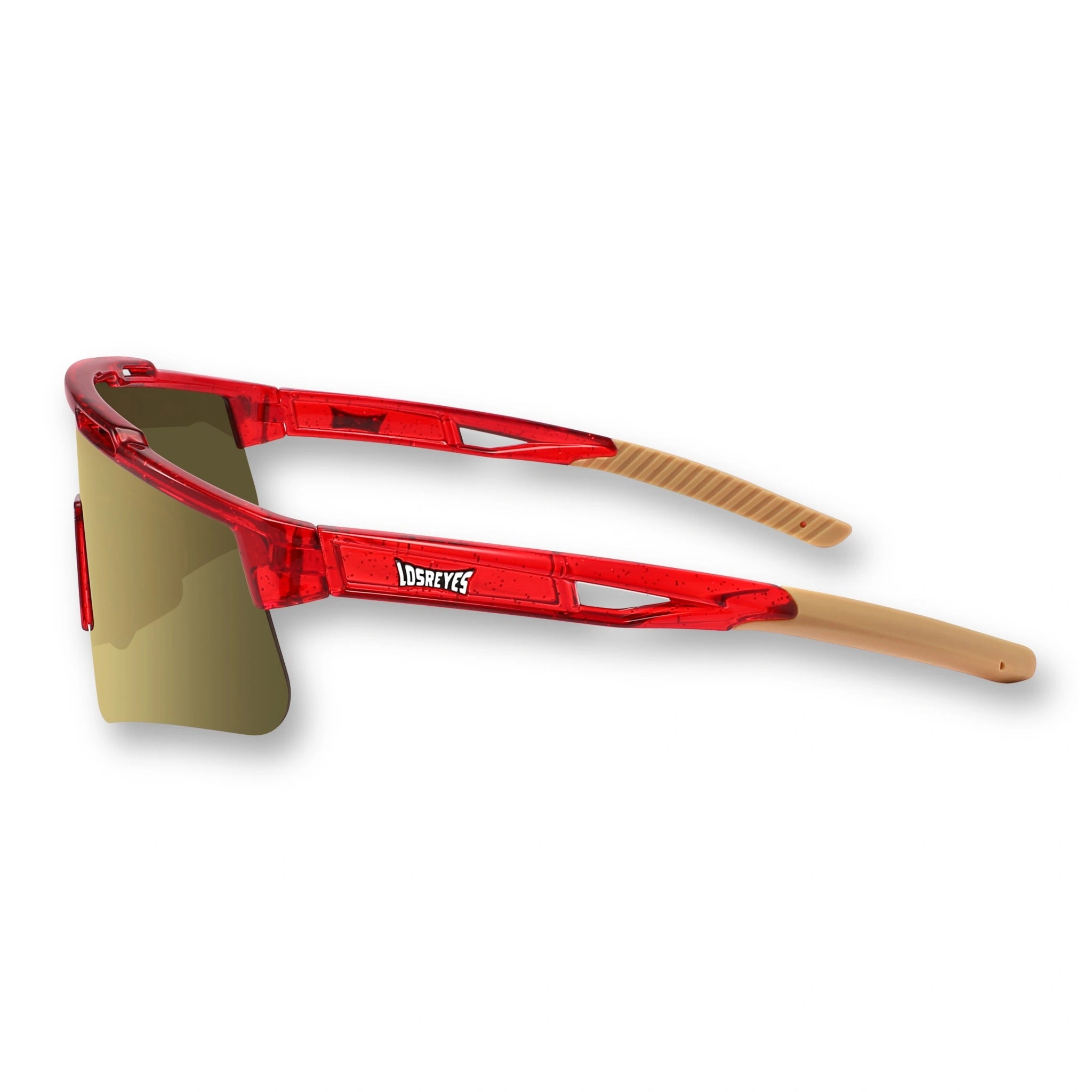 Side view of LosReyes Prime Galaxy Pluto athletic sunglasses showing transparent red frame, grippy tan arms, and mirrored UV protective lens for baseball, cycling, or training.