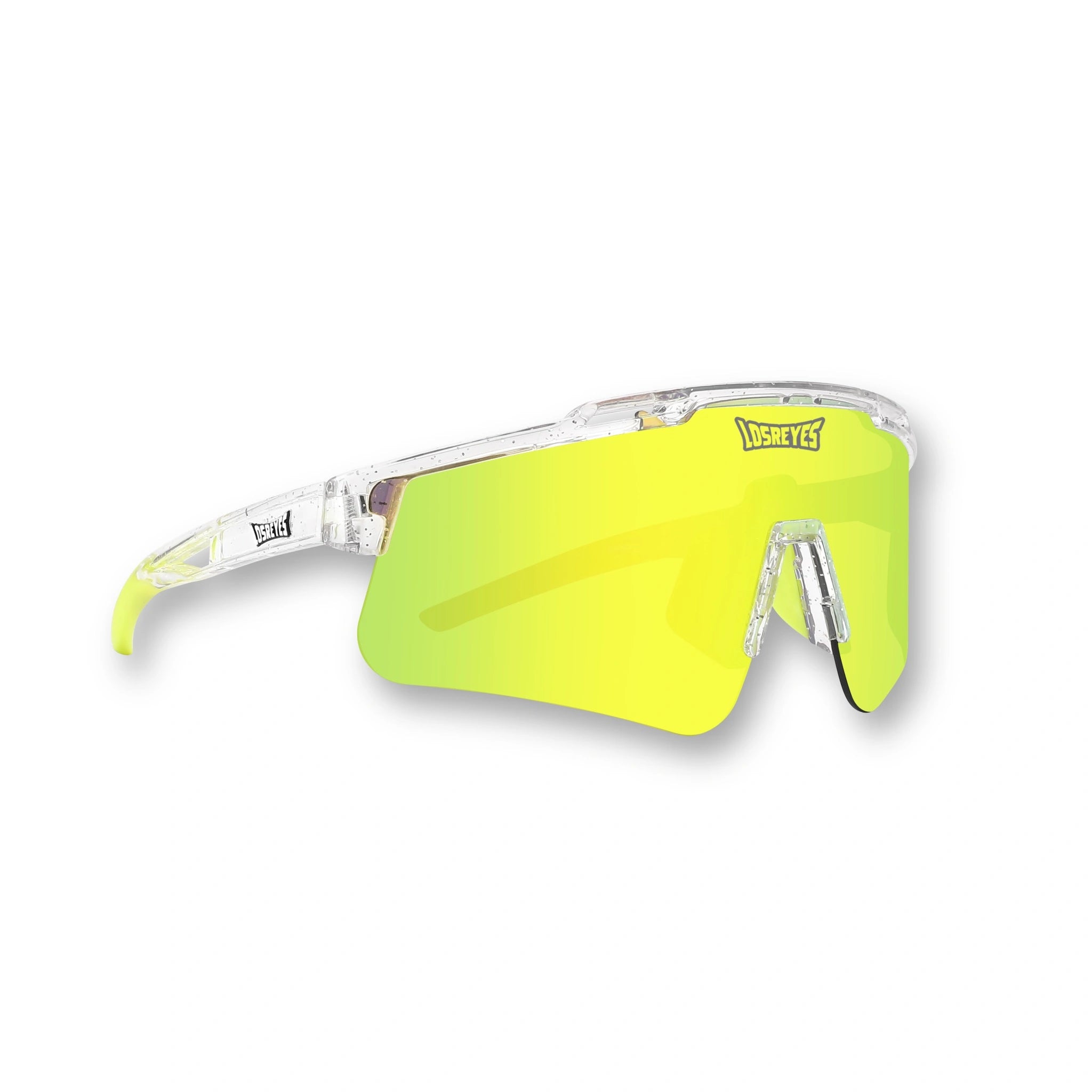 Hero angle of LosReyes Prime Galaxy Saturn clear frame sports sunglasses with yellow mirrored shield lens, UV400 wraparound design, and high-contrast style built for athletes, baseball, and outdoor performance