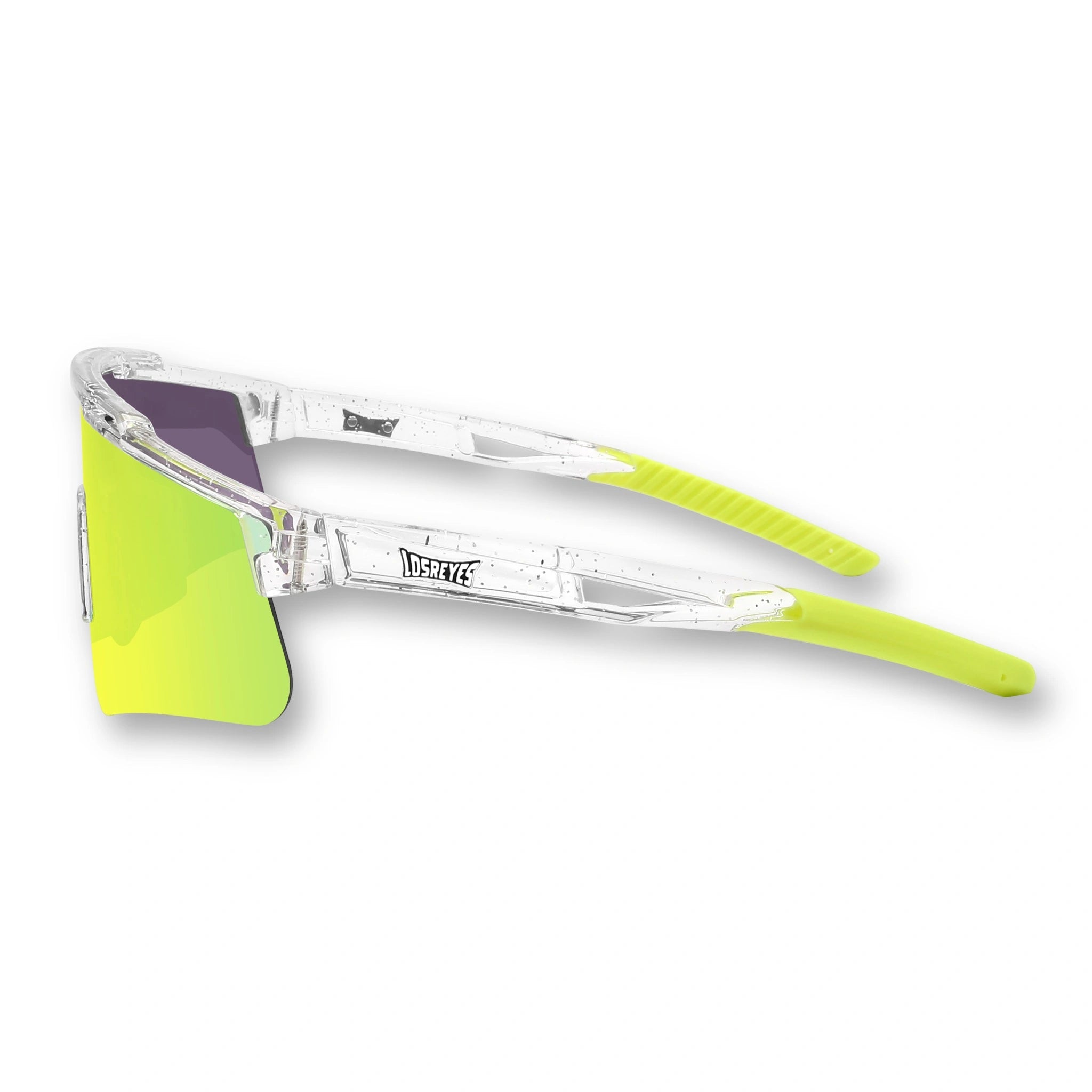 Side profile of LosReyes Prime Galaxy Saturn yellow performance sunglasses with UV-protection mirrored shield lens and ergonomic, breathable temple arms for baseball, cycling, or running.