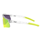 Side profile of LosReyes Prime Galaxy Saturn yellow performance sunglasses with UV-protection mirrored shield lens and ergonomic, breathable temple arms for baseball, cycling, or running.