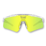 Front view of LosReyes Prime Galaxy Saturn yellow sports sunglasses featuring UV400 mirrored shield lens, clear frame with speckle detail, and high-grip temples for athletic performance.