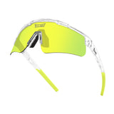 Hero angle of LosReyes Prime Galaxy Saturn wraparound sports sunglasses in yellow with mirrored lenses, transparent speckled frame, and no-slip temple tips for maximum field visibility.