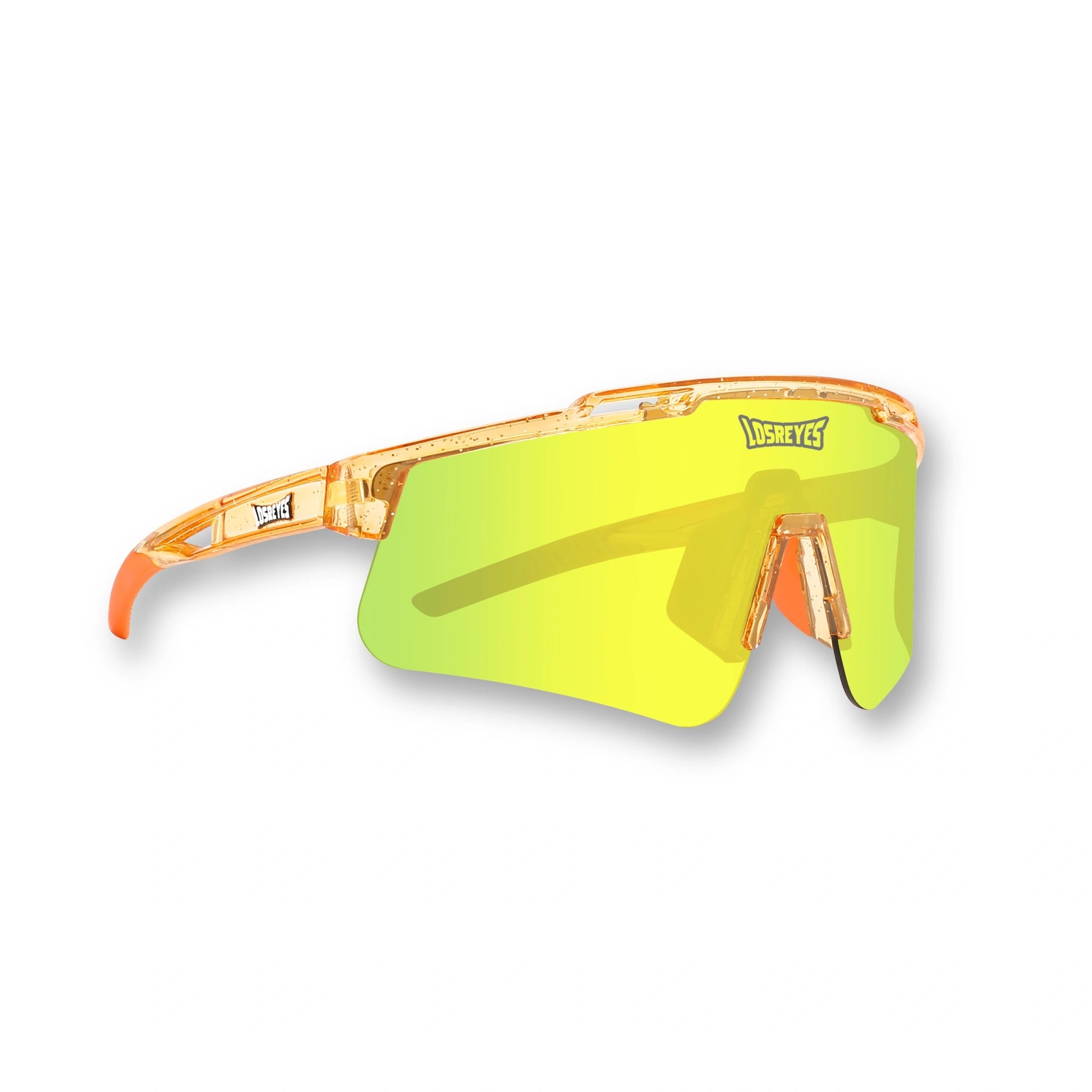 Front view of LosReyes Prime Galaxy Sun sports sunglasses featuring high-visibility yellow mirrored shield lenses, translucent amber-orange wraparound frame, and UV400 protection—built for athletes in baseball, cycling, and high-performance training