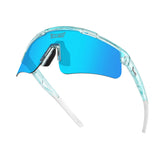 Hero angle of LosReyes Prime Galaxy Uranus mirrored blue performance sunglasses with aerodynamic lens, ventilated nose grip, and clear polycarbonate frame for high-speed activities.