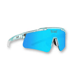 Front view of LosReyes Prime Galaxy Uranus sports sunglasses featuring vibrant blue mirrored shield lenses, crystal-clear wraparound frame with white temple tips, and UV400 protection—ideal for baseball, cycling, and high-intensity training